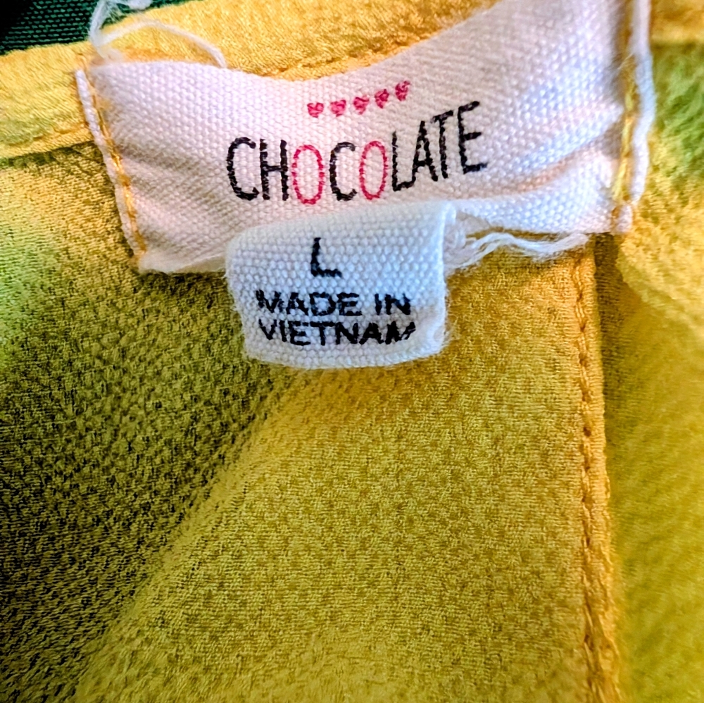 Chocolate Yellow Short Sleeve Blouse Button Back Large - Picture 7 of 8